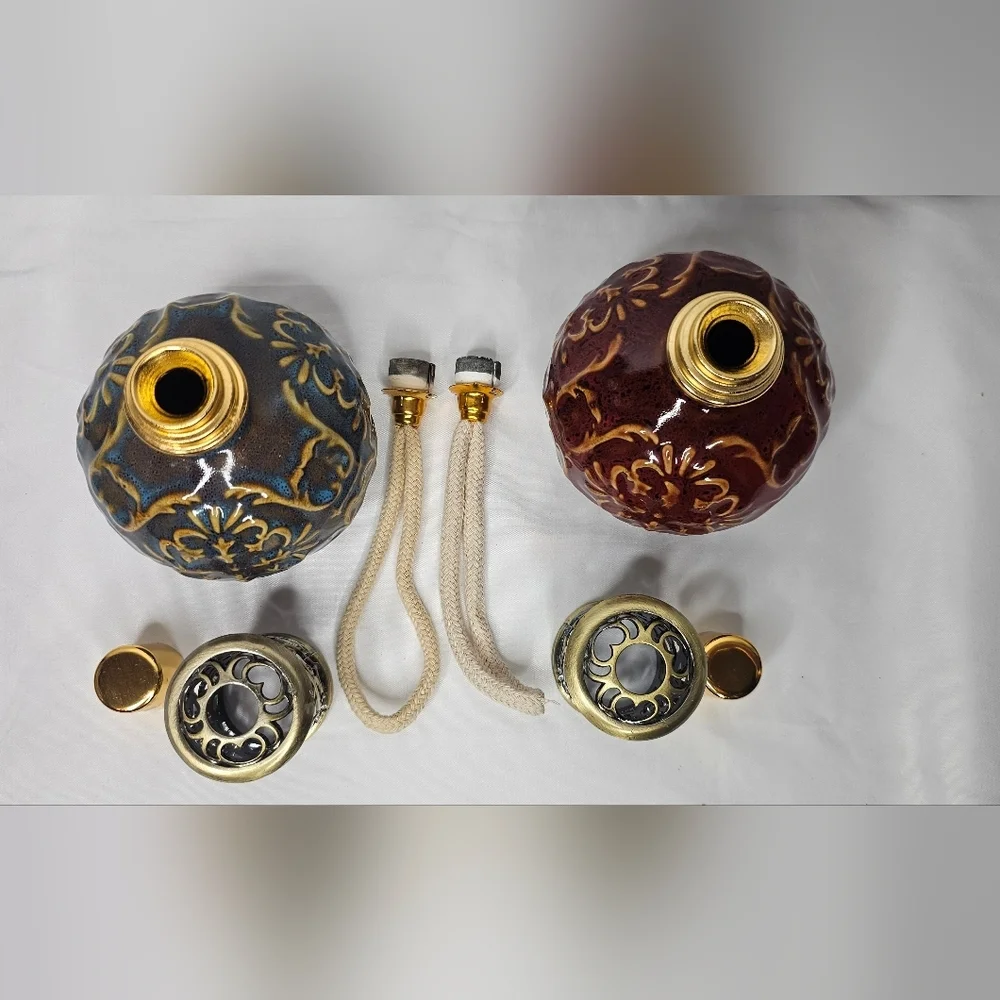 Vintage Ceramic Diffusers With Ornate Metal Scroll Lid Blue & Maroon